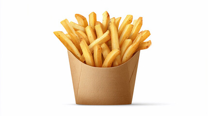 Fries served in a brown paper container on a white background