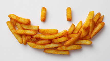 Fries arranged to form a smiling face on a white background