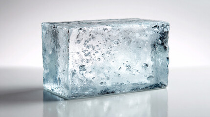 Block of clear ice with frozen bubbles in bright light