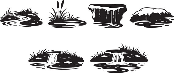 Spring Water Edge Silhouette Icons Set eps