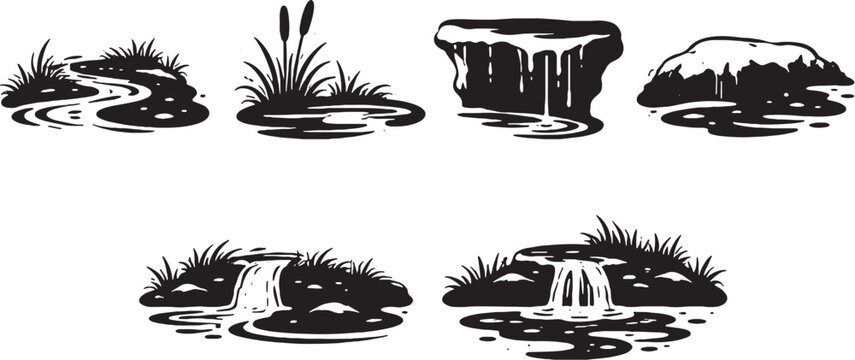 Spring Water Edge Silhouette Icons Set eps