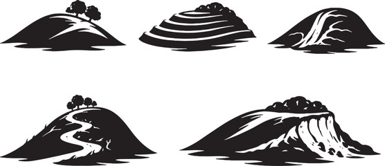 hills and slopes black silhouette icon set eps