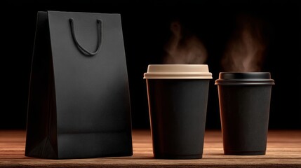 Sleek black takeaway cups and a matching bag sit on a warm wooden surface with gentle steam, creating a modern, premium coffee shop look ideal for branding or advertising.