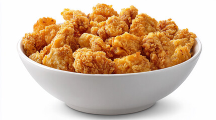Fried chicken pieces served in a white bowl on a plain background
