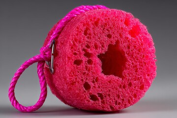 Vivid pink bath sponge with textured porous surface and matching cord is isolated on a neutral gray backdrop, ideal for beauty, hygiene or spa product advertising and packaging mockups.