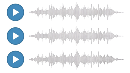 Three Blue Play Buttons with Audio Waveforms on Black Background