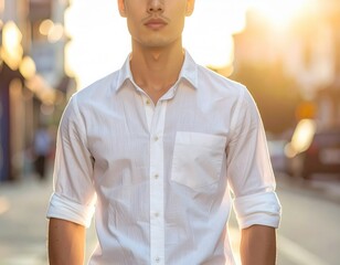 White mens shirt mockup with rolled sleeves in urban sunset light.