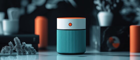 Teal cylinder smart home device with orange accents.