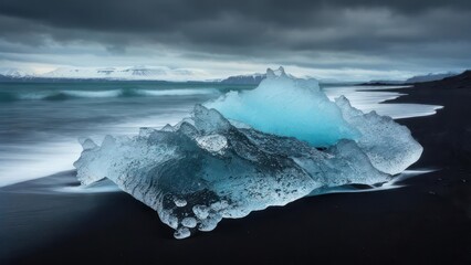 Glacial ice on a black sand beach under a stormy sky