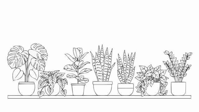 Collection of Houseplants in Pots on a Shelf Line Art.