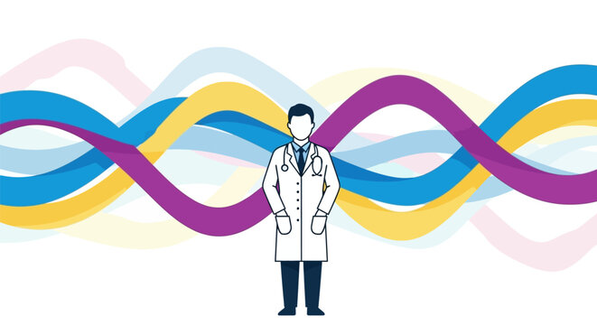 Healthcare Data and Genetic Research: Doctor Illustration with Abstract Wavy DNA Ribbons Background.