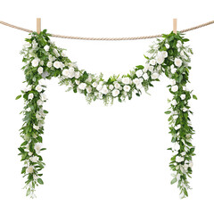 A beautiful white floral garland with lush green leaves hanging from a rope, perfect for weddings, parties, or home decor.