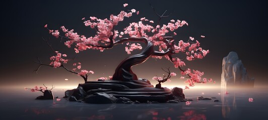 realistic photo of a glossy Cherry blossoms Tree bonsai,generative AI