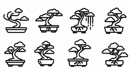Obraz premium Collection of eight stylized bonsai tree icons in black and white.