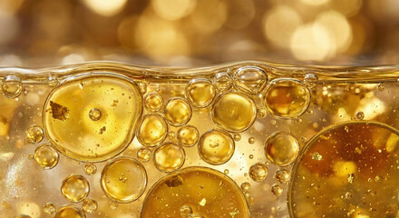 Golden oil bubbles in water abstract luxury texture