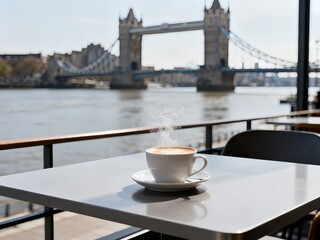 A cup of hot coffee at a modern outdoor cafe