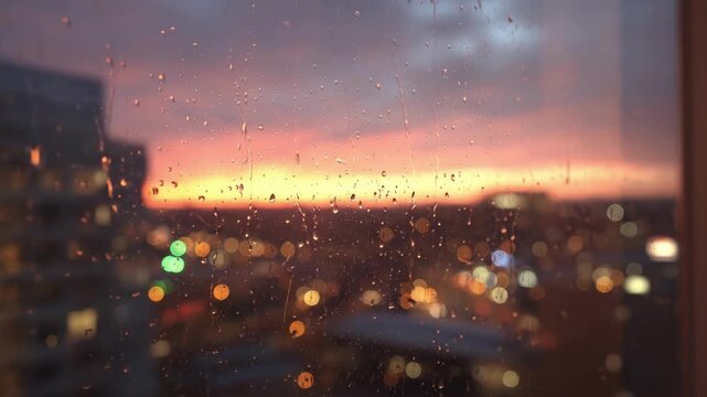 Rainy City Sunset View Through Window.