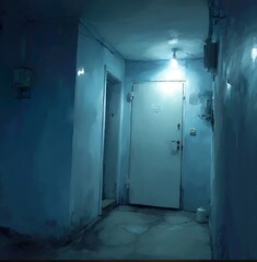 A dimly lit hallway with a door at the end and a sense of mystery