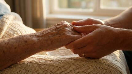 Arthritis or parkinson disease elderly patient, old aged senior woman holding geriatric doctor, cargiving nurse or family assistant's hand in hospice home for medical health care or mental therapy
