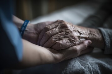 Arthritis or parkinson disease elderly patient, old aged senior woman holding geriatric doctor, cargiving nurse or family assistant's hand in hospice home for medical health care or mental therapy
