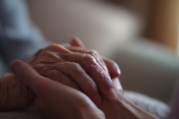 Arthritis or parkinson disease elderly patient, old aged senior woman holding geriatric doctor, cargiving nurse or family assistant's hand in hospice home for medical health care or mental therapy