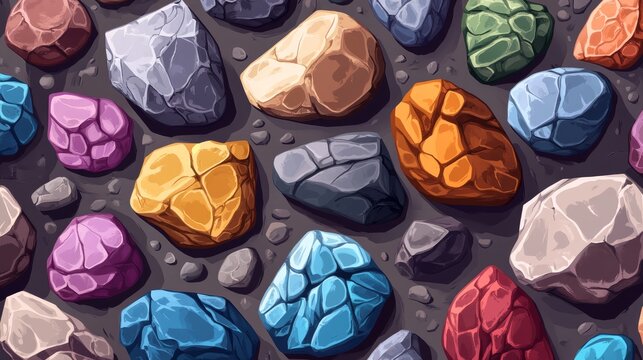 2.A seamless vector set of cartoon rocks, including smooth river stones, jagged mountain rocks, and cracked boulders, designed for 2D and 3D game development. The set is rendered in a polished,