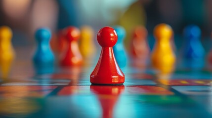 84.A close-up of a red Sorry! game pawn in focus, with blurred pieces in the background, symbolizing competition and anticipation in the board game.