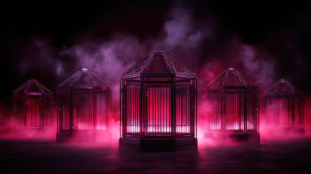 Dark Fantasy Cinematic Setting of Enchanted Circus Cages with Eerie Mist and Ethereal Lighting at Night