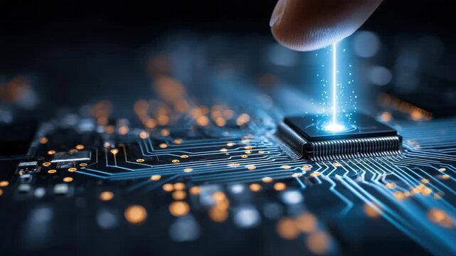 Microchip glowing blue light beam electronic circuit board with finger touch, digital technology innovation and high density electronic components