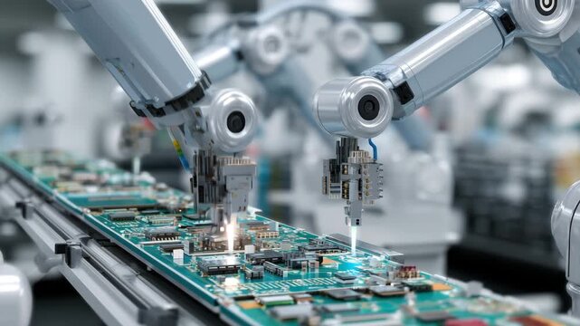 Robotic arm assembling electronic component circuit board with precision manufacturing automation showcasing advanced technology industrial robot