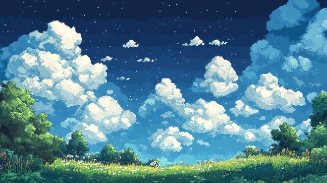 116.A dynamic pixel art sky with small white clouds, giving the feel of a scrolling background from a classic arcade side-scrolling game.