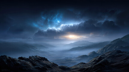 Hyper-realistic cinematic landscape concept portraying an alien environment with dramatic lighting and serene atmospheric details at Platea