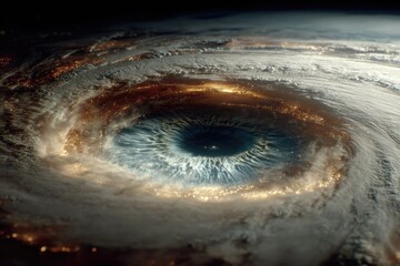 Dramatic aerial view of a massive hurricane from space, showcasing the eye of the storm