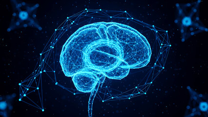 Illuminated neural network brain diagram on dark background