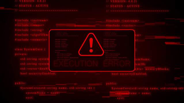 Red digital execution error message with an exclamation mark and glowing red text on a dark background filled with scrolling computer code and digital glitch effects indicating a programming