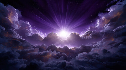 Obraz premium Ethereal Celestial Harmony: A Visionary Concept of Spiritual Art Capturing Divine Light Breaking Through Vibrant Clouds