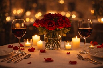 Romantic candlelit dinner table with red roses, wine glasses and warm bokeh lights