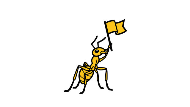 Ant holding yellow flag isolated on white background.