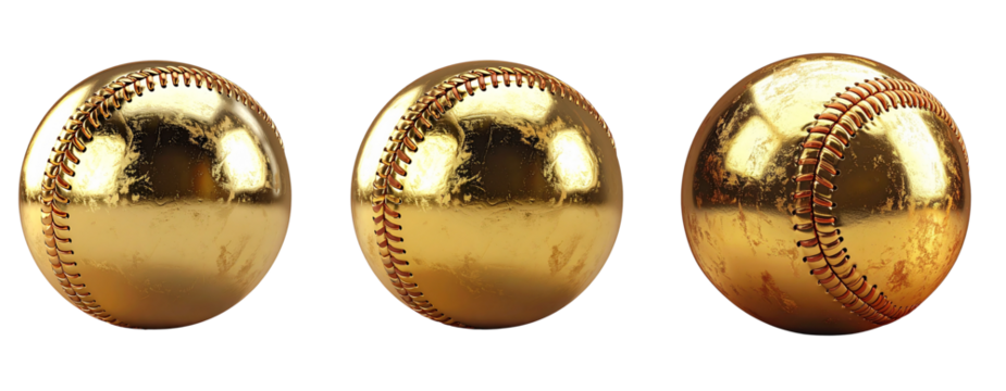 3d metallic gold baseball with glossy shine isolated on transparent background PNG - Powered by Adobe