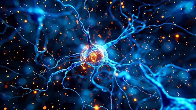 Abstract blue neuron cell background, glowing orange core explosion impulse, brain pain, stress or virus infection concept 3D render animation, showing activity and conflict.
