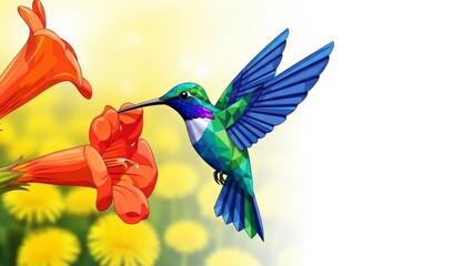 Obraz premium Vibrant Hummingbird Sips Nectar from Orange Trumpet Flowers in a Sunny Garden.