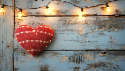 Rustic wooden surface features a stuffed heart ornament illuminated by hanging warm string lights