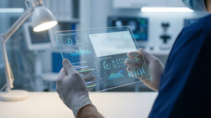 AI-powered healthcare technology, a medical professional analyzing patient data and diagnostic analytics on a futuristic transparent tablet for medical diagnosis.