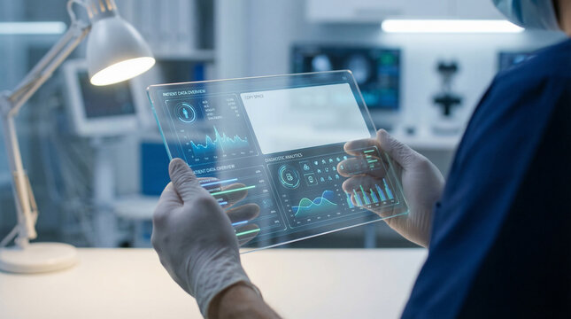 AI-powered healthcare technology, a medical professional analyzing patient data and diagnostic analytics on a futuristic transparent tablet for medical diagnosis.