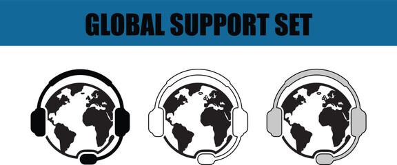 Set of globe icons with headset for customer support and service themes