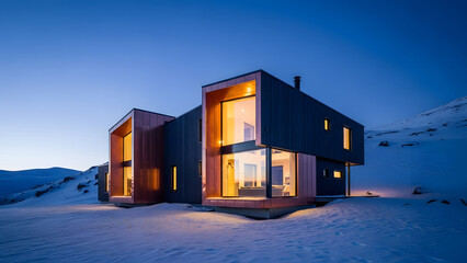 Modern passive house construction showcases sustainable modern architecture in a snowy winter landscape at dusk, highlighting energy efficiency and contemporary design.