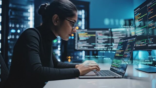 Cinematic slow-motion professional software developer programming digital technology code on screen in office, showcasing innovation and computer engineering technical development.