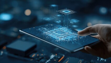 Hand holding a tablet with projected digital circuit boards and data visualization