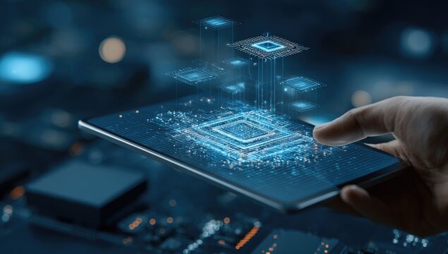 Hand holding a tablet with projected digital circuit boards and data visualization - Powered by Adobe