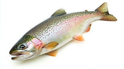 Fototapeta premium 17.A detailed, clean image of a whole rainbow trout, showing off its vivid, multicolored scales, placed on a white background. The fishâ€™s smooth texture, fins, and eyes are captured in sharp focus,